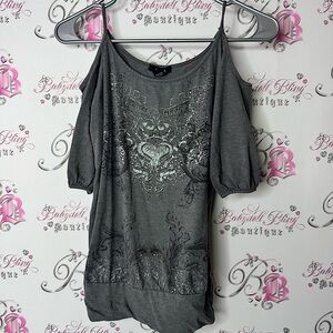 Majora top cold shoulder cut outs heart bling Gray Graphic Blouse rhinestone